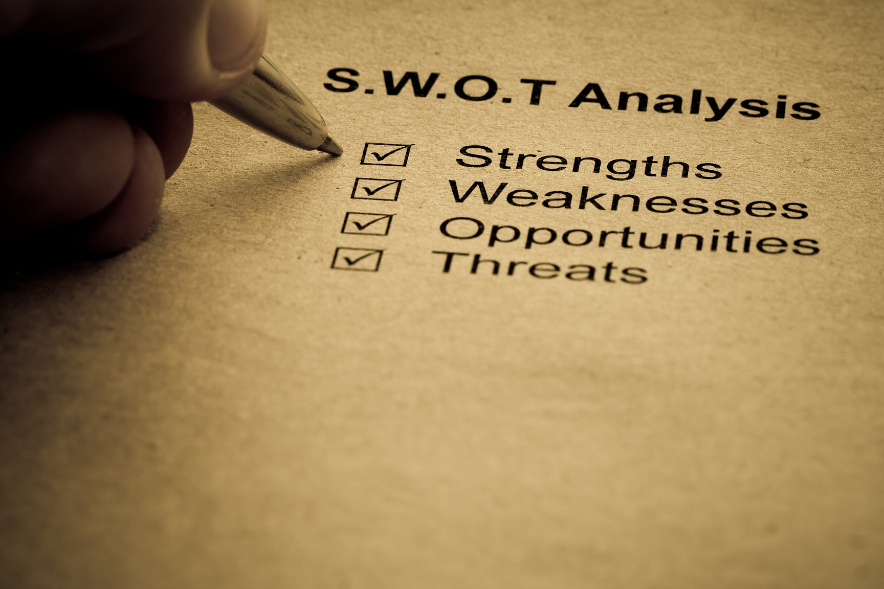 Business strategy analysis concept. SWOT analysis - strength, weakness, opportunities, threats